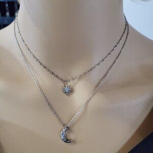 925 Silver Double Clavicle Necklace Topaz Moon & Star Double Pendant